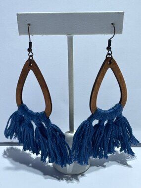 Wooden Teardrop Earrings With Blue Tassels Lightweight Bohemian Style